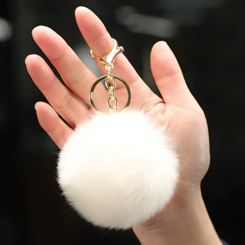 Soleebee Soft Artificial Rabbit Fur Keychain Plush Ball Key Ring Cute Pom Pom Bag Charm for Women Girls (Beige) - Image 3